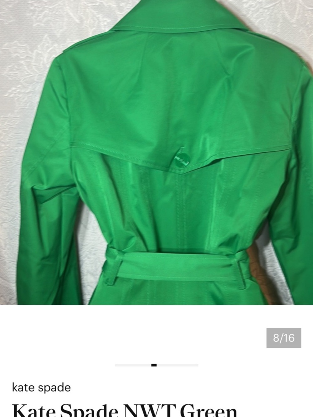 kate spade Bright Green Double-Breasted Trench Coat Pleated Back - Picture 5 of 12